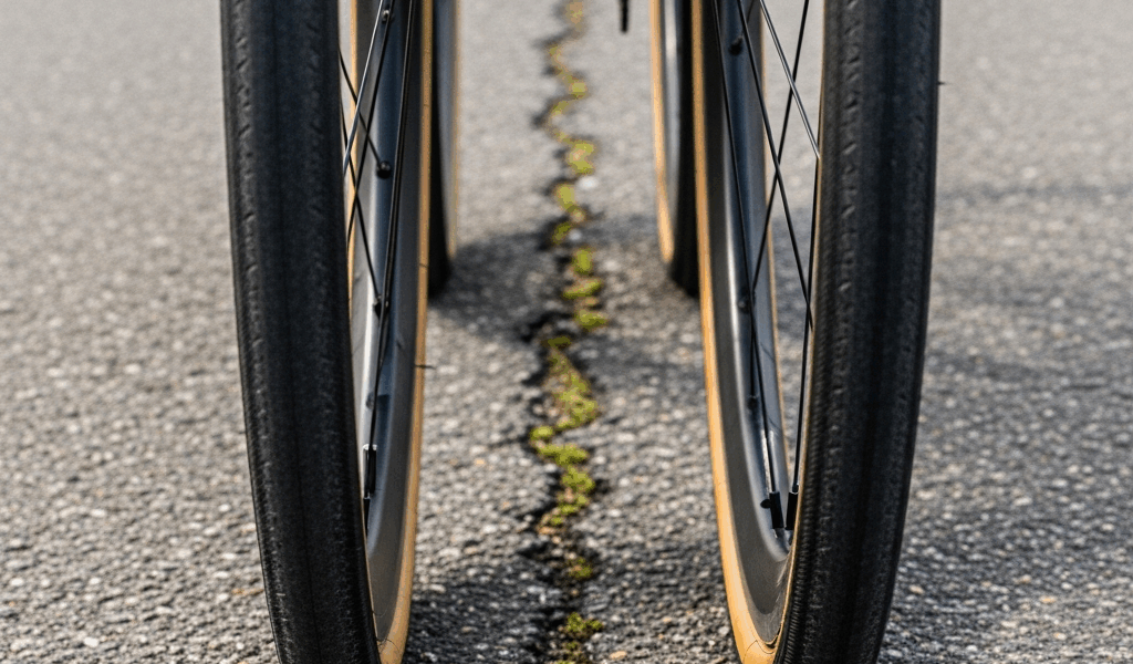 close up of road bike tires on pavement showing tire width c 20260331 095543