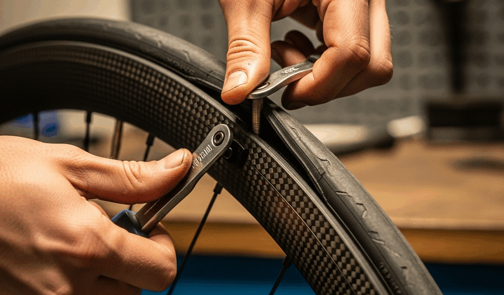 hands mounting a tubeless road bike tire on a carbon rim whe 20260331 095657