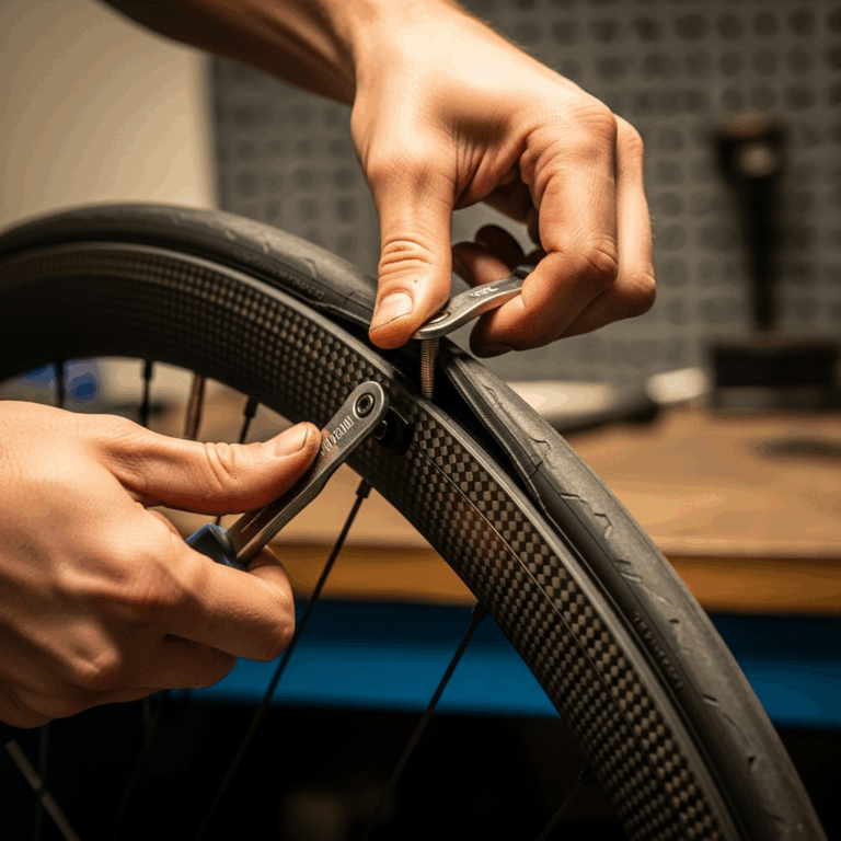 hands mounting a tubeless road bike tire on a carbon rim whe 20260331 095657